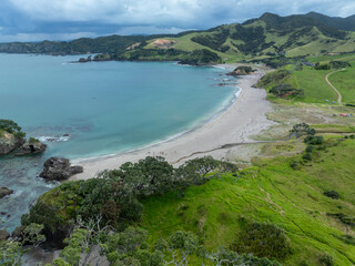 Aerial of Elliot Bay in the Bay of Islands. Northland, New Zealand.