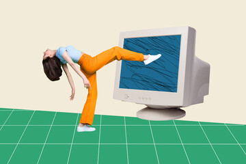 Creative collage picture illustration pose model cheerful charm beautiful young woman large retro computer doodle sketch exclusive template