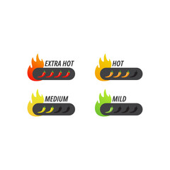 Food spiciness levels, graphic showing different levels of chilli heat with chilli pepper icons. Spicy mild hot and extreme or extra scale