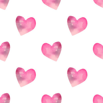 Seamless watercolor heart pattern with blue and rose spots. Watercolor and colored pencil texture pattern in purple tones. Minimalistic Valentine's Day pattern for wrapping paper or as a keepsake
