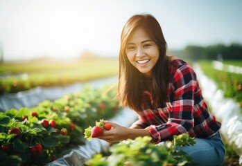 a woman is picking strawberries in the field, joyful and optimistic - obrazy, fototapety, plakaty