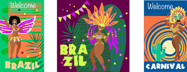 Set design for Brazil carnival and festival. Vector illustration of musical and dance celebration, masquerade, party, people, pattern and mask.
