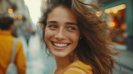 Playful couple exploring city streets, their joy capturing the urban vibrancy