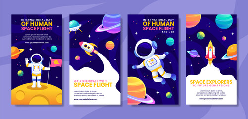 Human Space Flight Social Media Stories Flat Cartoon Hand Drawn Templates Background Illustration - obrazy, fototapety, plakaty