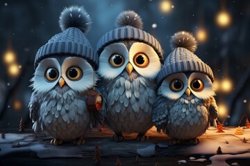 Cute Cartoon Christmas Owls with Santa Caps, on an isolated Midnight Blue background, Generative AI