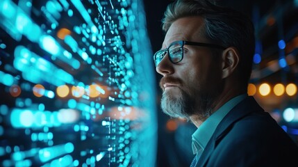 Tech-savvy businessman immersed in digital interfaces