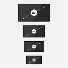 Smart TV icon set. Diagonal screen size in 32, 43, 55 and 65 inches. LCD television display. Computer monitor. Vector illustration, flat design
