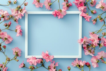pink flowers in a white frame on a light blue background