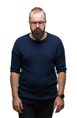 Fototapeta premium Young caucasian hipster man wearing sunglasses over isolated background depressed and worry for distress, crying angry and afraid. Sad expression.