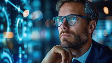 Tech-savvy businessman immersed in digital interfaces