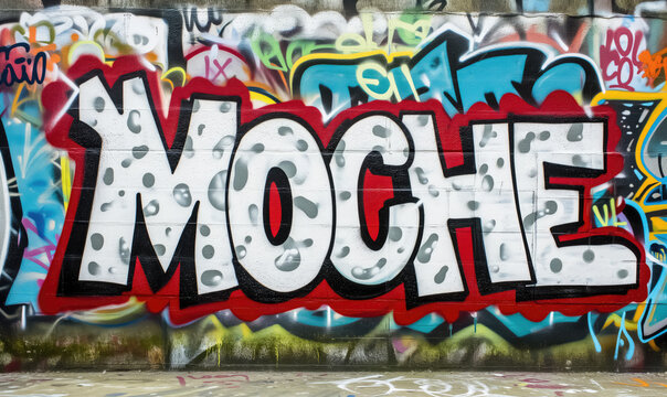 graffiti "moche" peint sur un mur rempli de graffitis
