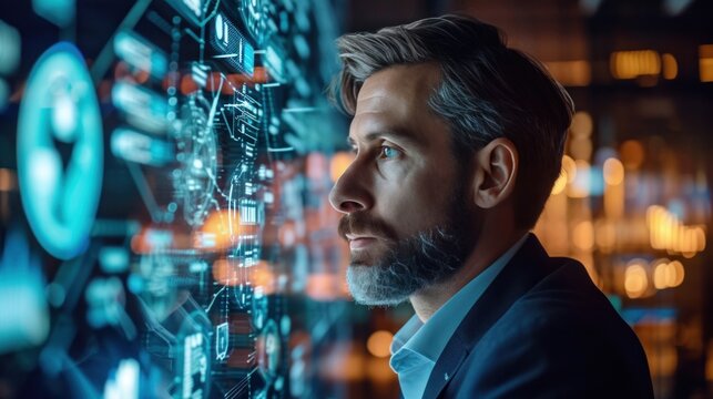 Tech-savvy businessman immersed in digital interfaces