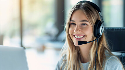 Smiling blonde girl with headphones and microphone on white background. Woman from the support service advises customers in call center. - Powered by Adobe