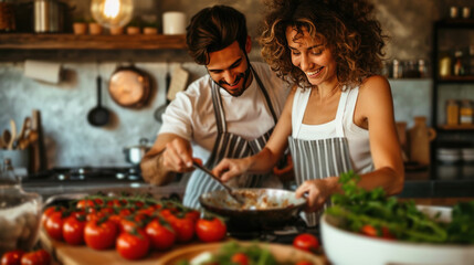Naklejka premium Joyful pair cooking together, turning everyday tasks into shared moments of delight