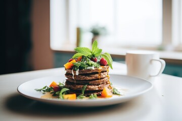 vegan buckwheat pancakes garnished with mint