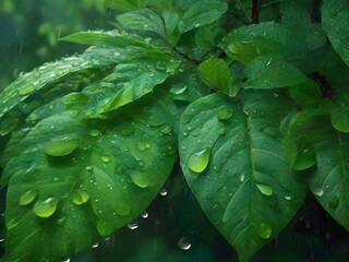 Rain drops on a green leaf 