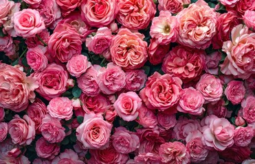 many pink roses forming a wall of roses