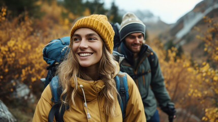 Smiling partners hiking mountain trails, embracing nature's wonders hand in hand.