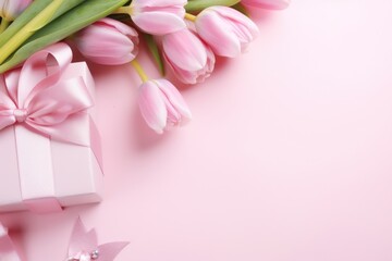 Fototapeta premium pink tulips and gifts on pink background