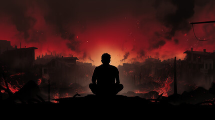 a broken and dilapidated urban landscape, with smoke rising from the buildings, symbolizing poverty. In the foreground, a silhouette of a person hunched over in pain - obrazy, fototapety, plakaty