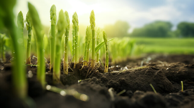 a vibrant green asparagus field with a focused close-up on the root extracts being gently extracted, symbolizing their emergence as potent natural emulsifiers