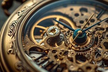 Fototapeta na wymiar Detailed close-up of a vintage pocket watch and gears, mechanical beauty theme