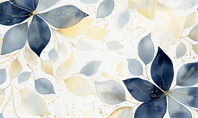 watercolor blue yellow gold pattern with flowers