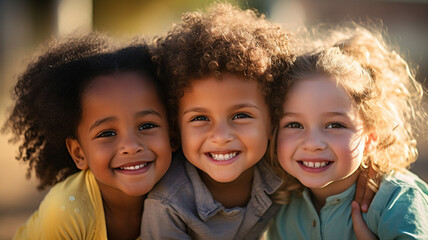 Group of diverse cheerful fun happy multiethnic children outdoors in the sunshine