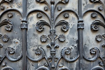 Detailed view of an antique wrought iron gate with floral patterns, set against a soft grey background.
