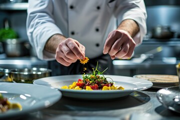 Obraz na płótnie Canvas Professional chef garnishing a gourmet dish in a restaurant kitchen