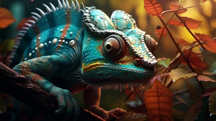 Poster A hyper-realistic scene featuring a chameleon clinging to a tree branch, its eyes focused intently - Generative AI © Huzaifa
