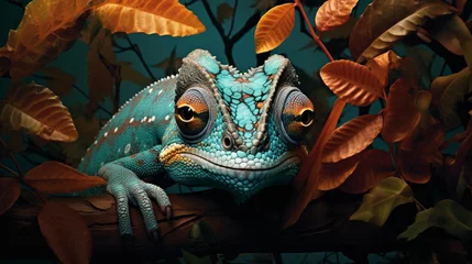 Foto auf Leinwand A hyper-realistic scene featuring a chameleon clinging to a tree branch, its eyes focused intently - Generative AI © Everything is here