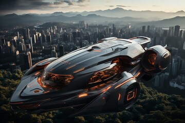 A black and orange futuristic spaceship flying over a city
