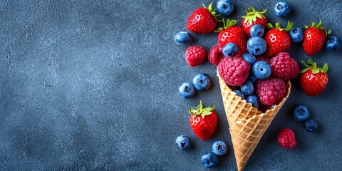 Fresh berries in ice cream cone. Strawberry, raspberry, blueberry for dessert. Concept for healthy eating, dieting food and nutrition. Summer background. Top view, copy space