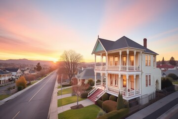 sunset view of an italianate homes belvedere with warm lighting
