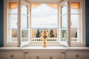 open windows of an italianate belvedere revealing the interior luxury decor