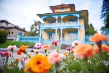 vibrant flowers surrounding an italianate house with a picturesque belvedere