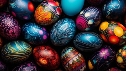Fototapeta na wymiar Artistic background with a cascade of beautifully decorated Easter eggs, bright background, adding a burst of color and joy to any Easter-themed design 