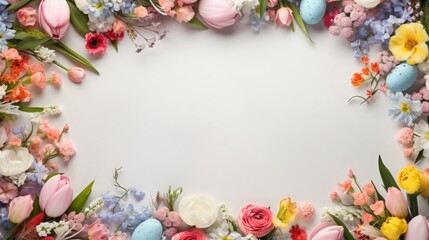 Naklejka na ściany i meble Border background adorned with blooming spring flowers, adding an elegant and floral touch to Easter-themed graphics