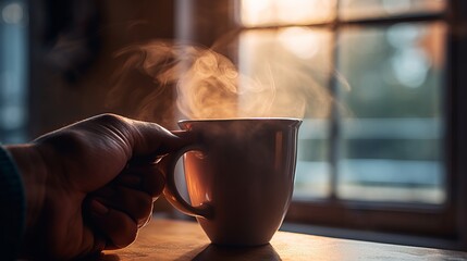 Dynamic shot of a hand reaching for a steaming cup of coffee in the morning light,