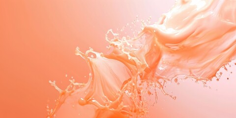 Abstract background in Peach fuzz tones. Pink coloured liquid splashing in air, Space for text.  - obrazy, fototapety, plakaty