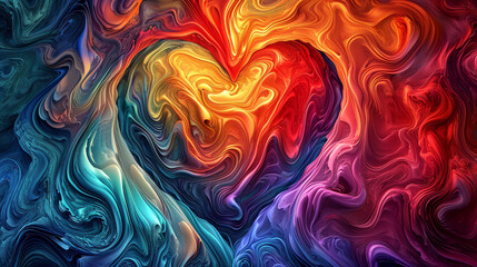 Swirling psychedelic patterns in love heart shape in vibrant rainbow colors