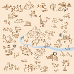 Prehistoric Illustration Icons in Simple Hand-Drawn Style