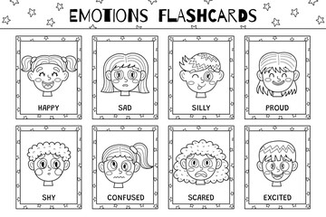 Emotions flashcards black and white collection. Flash cards set with cute kids characters for coloring in outline. Learn feelings vocabulary for school and preschool. Vector illustration