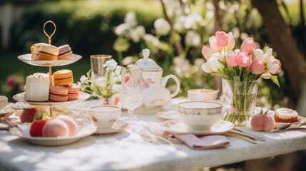 
Elegant shots of a garden tea party settings with Easter-themed decorations, showcasing sophistication and charm in the celebration,