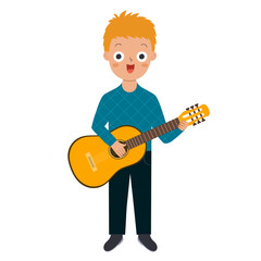Cute musician boy playing a guitar in cartoon style. Young kid guitarist performer. Learning professions clipart for school and preschool. Vector illustration