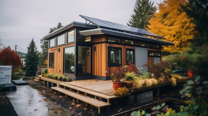 
Exterior shot of a tiny house with eco-friendly features, solar panels, and unique architecture, showcasing alternative and sustainable living.