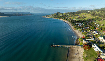 Aerial: The Hokianga Harbour with a view to Opononi and Omapere, Northland, New Zealand.