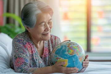 Elderly Asian woman holds globe in hospital bed  health concept