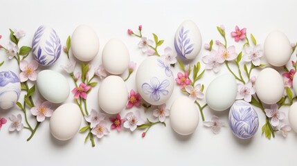 Floral border background with intricately decorated Easter eggs, highlighting the beauty of spring blooms,